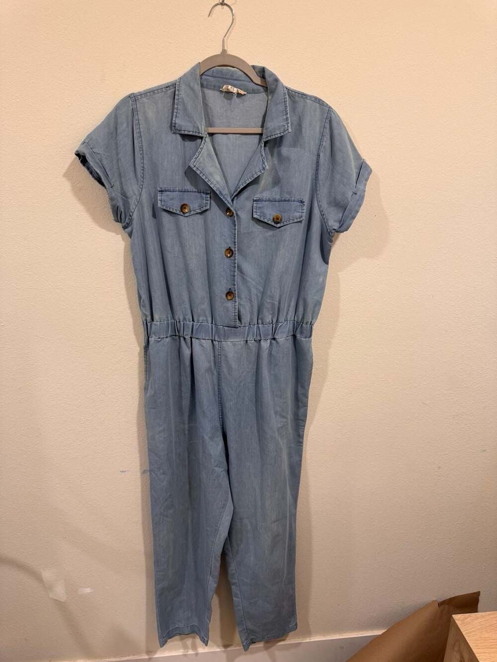 Full Circle Trends Light Wash Denim Short Sleeve Button Front Jumpsuit XL